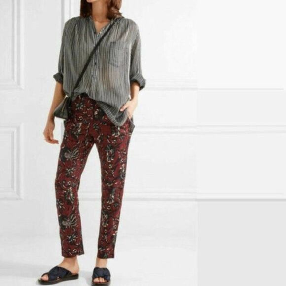 Isabel Marant Etoile Janelle Pants US‎ 4 FR 36 Boho Floral Burgundy Cotton Voile - Picture 1 of 16